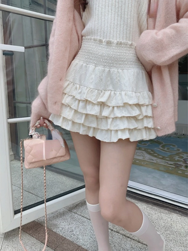 

Y2k Aesthetic Kawaii Lace Mini Thin Skirts Women Sexy Pleated High Waist Skirt Summer Korean Fashion Chic Creamy Sweet Faldas