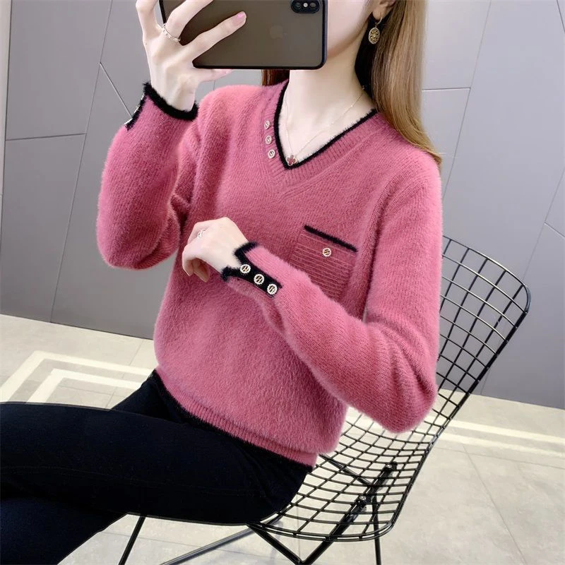 Autumn Winter v-neck  pullovers fake-mink cashmere womens elegant slim trendy all-match  casual sweaters HT6 christmas sweatshirt