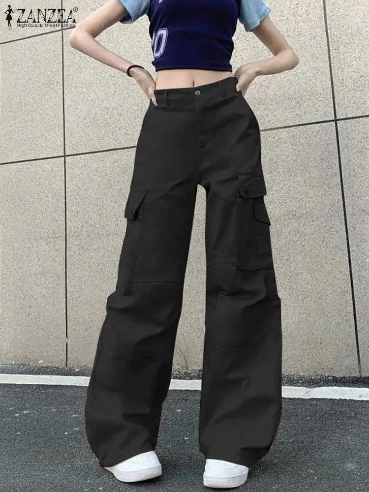 

ZANZEA Women Overall Pants Y2K Fashion Cargo Pants Streetwear High Waist Trousers Causal Solid Long Pantalon Pockets Palazzo