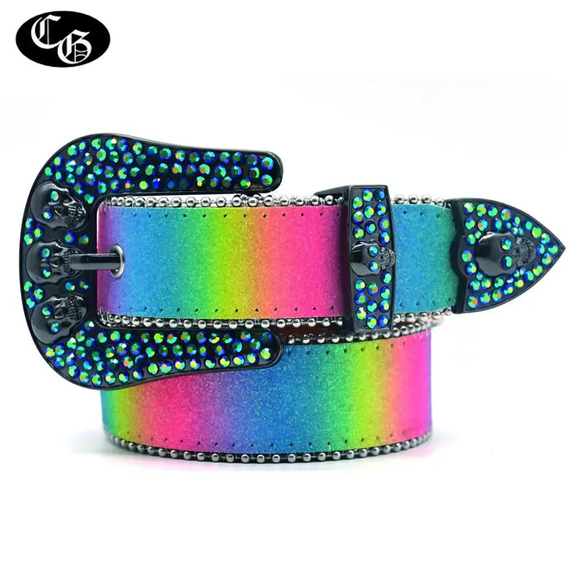 Harajuku Rainbow Rhinestone Belts For Women Retro Skull Diamond Buckle Leather Western Cowboy Punk Y2K Jeans Bling Hip Hop Belt