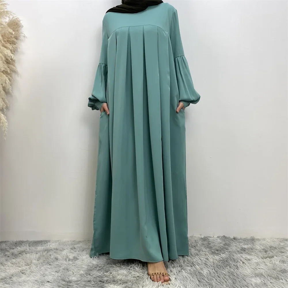 Luxury Abaya Dubai Turkish Muslim Pleated Black Abayas for Women with Pockets Puff Sleeves Hijab Dress Islam Clothes Kaftan Robe