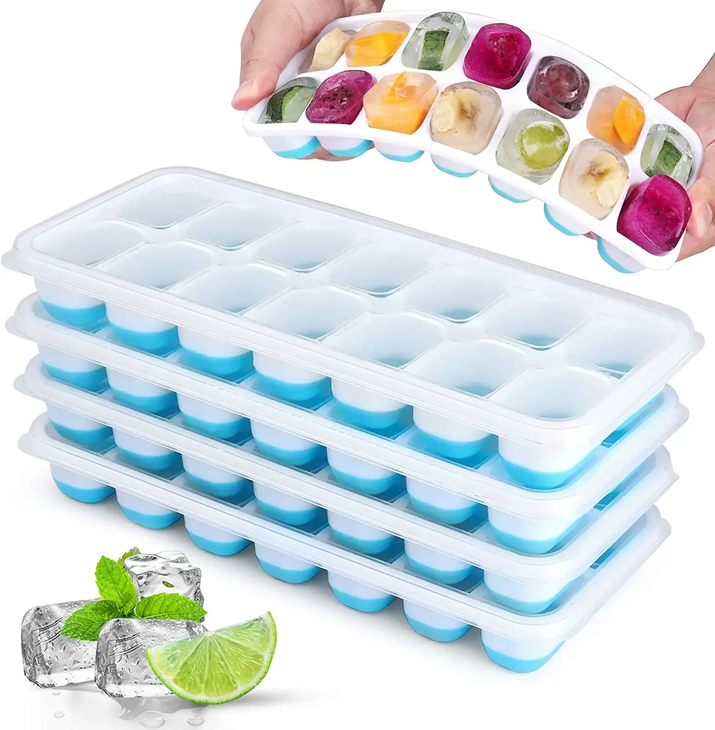 

Ice Cube Trays 14 Grids Silicone Ice Cube Molds with Removable Lid Easy-Release Stackable Reusable Ice Cube Tray for Cocktail