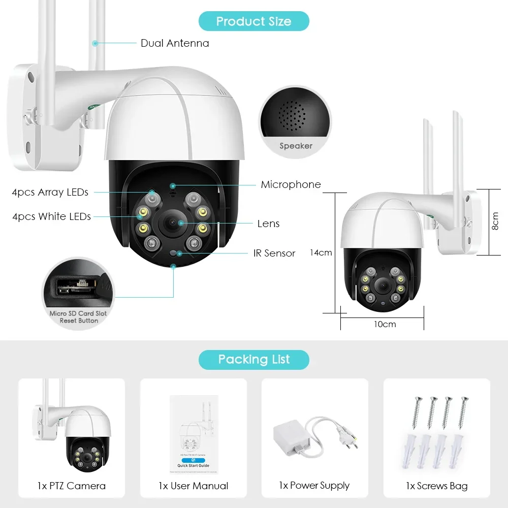 8MP PTZ WiFi IP Camera 4K AI Human Detection Color Night Vision Audio Video Sur