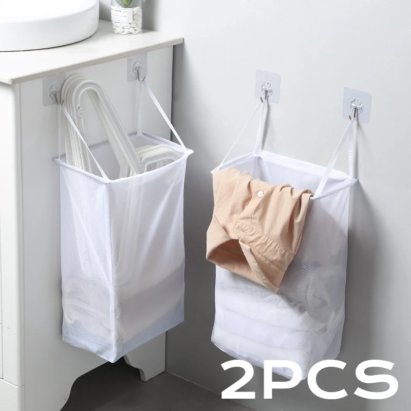 

2pcs Mesh Hanging Laundry Basket Net Bag With Sticker Wall-Mounted Dirty Clothes Storage Bag Bathroom Organzier Laundry Hamper