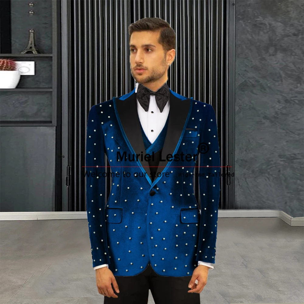 

Handmade Pearls Suits Men For Wedding Green Velvet Prom Blazer Slim Fit Groom Tuxedos 3 Pieces Male Terno Masculinos Completo