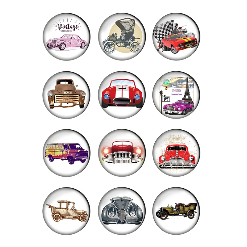 

12pcs Retro Vintage Car Round Photo Glass Cabochon 8mm 10mm 12mm 14mm 18 20 25mm Demo Flat Back DIY Jewelry Making Supplies T048