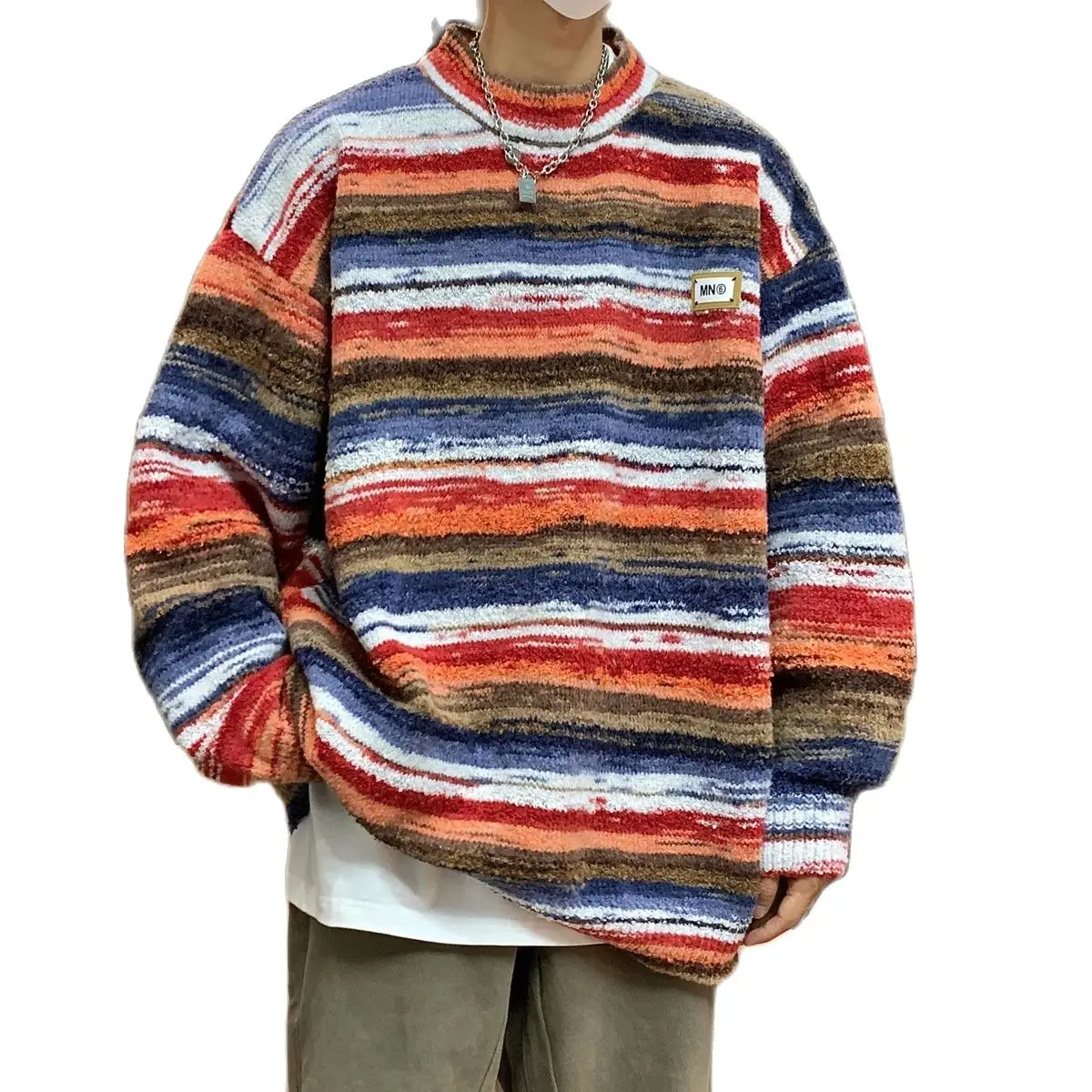 

Men's Colors Striped Sweater Oversize Knitted Long Sleeve Pullovers Autumn Winter Knitwear Clothing Casaul Jumper for Man