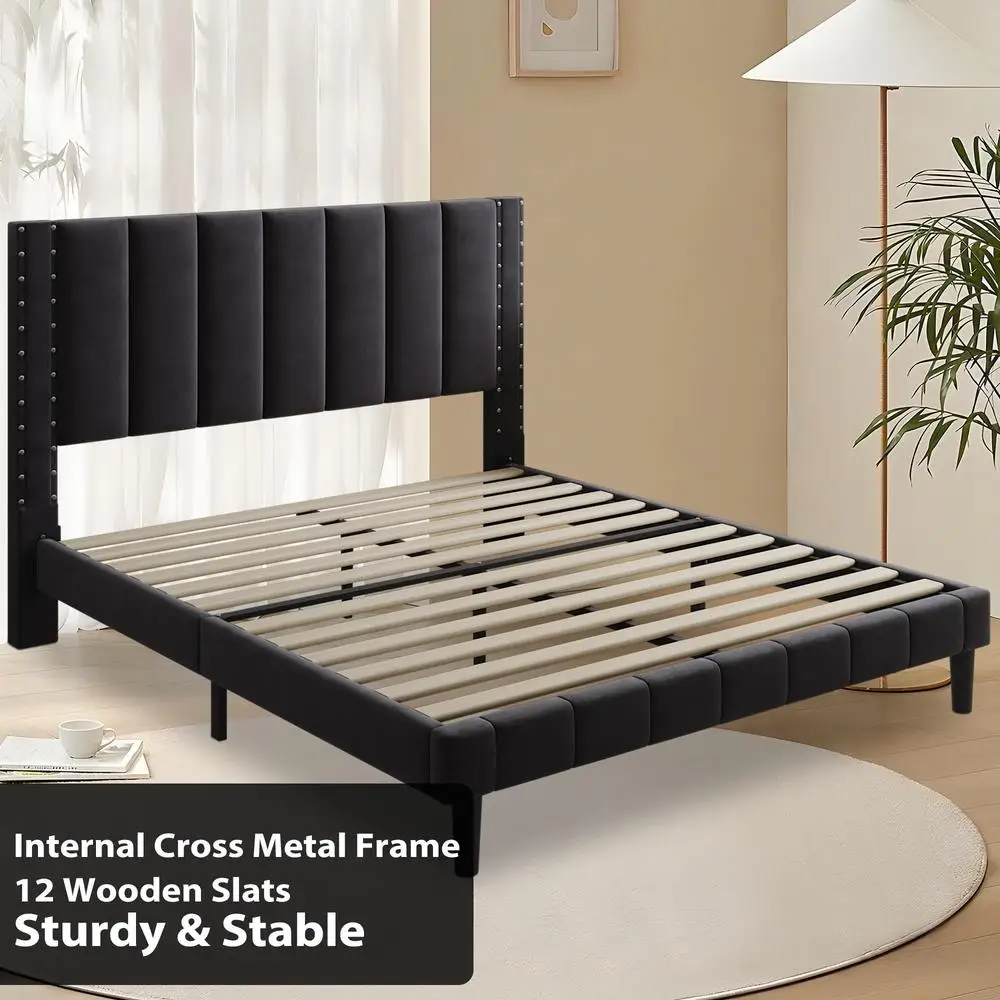 Upholstered Platform Bed Frame Full Size Heavy Duty Metal Wood Slats with Rivet Decor Vertical Channel Headboard No Box Spring 6