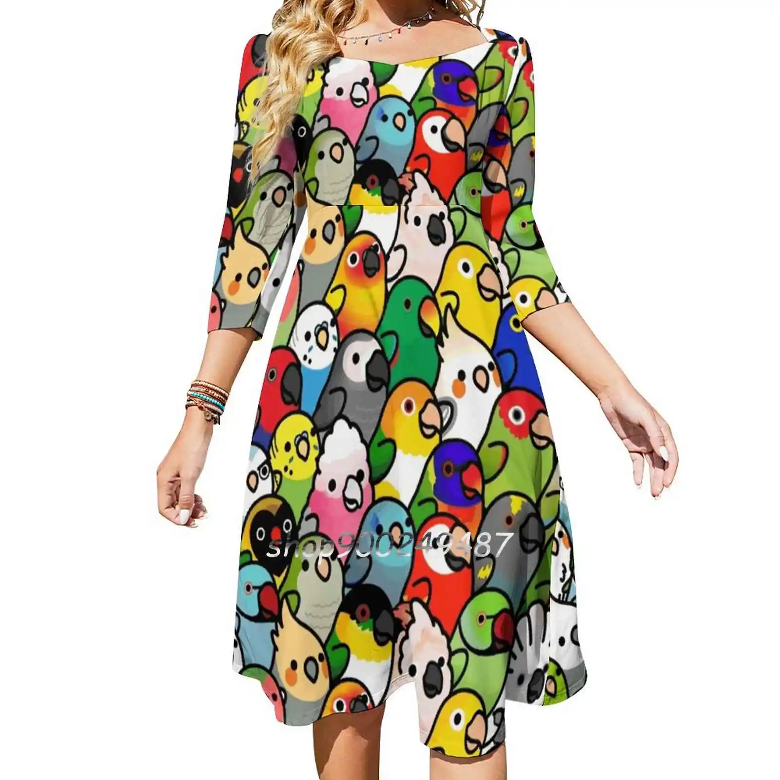 

Everybirdy Pattern Square Neck Dress New Plus Size Elegant Women Waist Tight Dress Cockatiel Cockatoo Lineolated Parakeet
