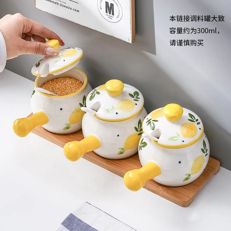 

Handle With Lid Spoon Condiment Jar Set Kitchen Salt Monosodium Glutamate Chicken Essence Sugar Household Condiment Jar