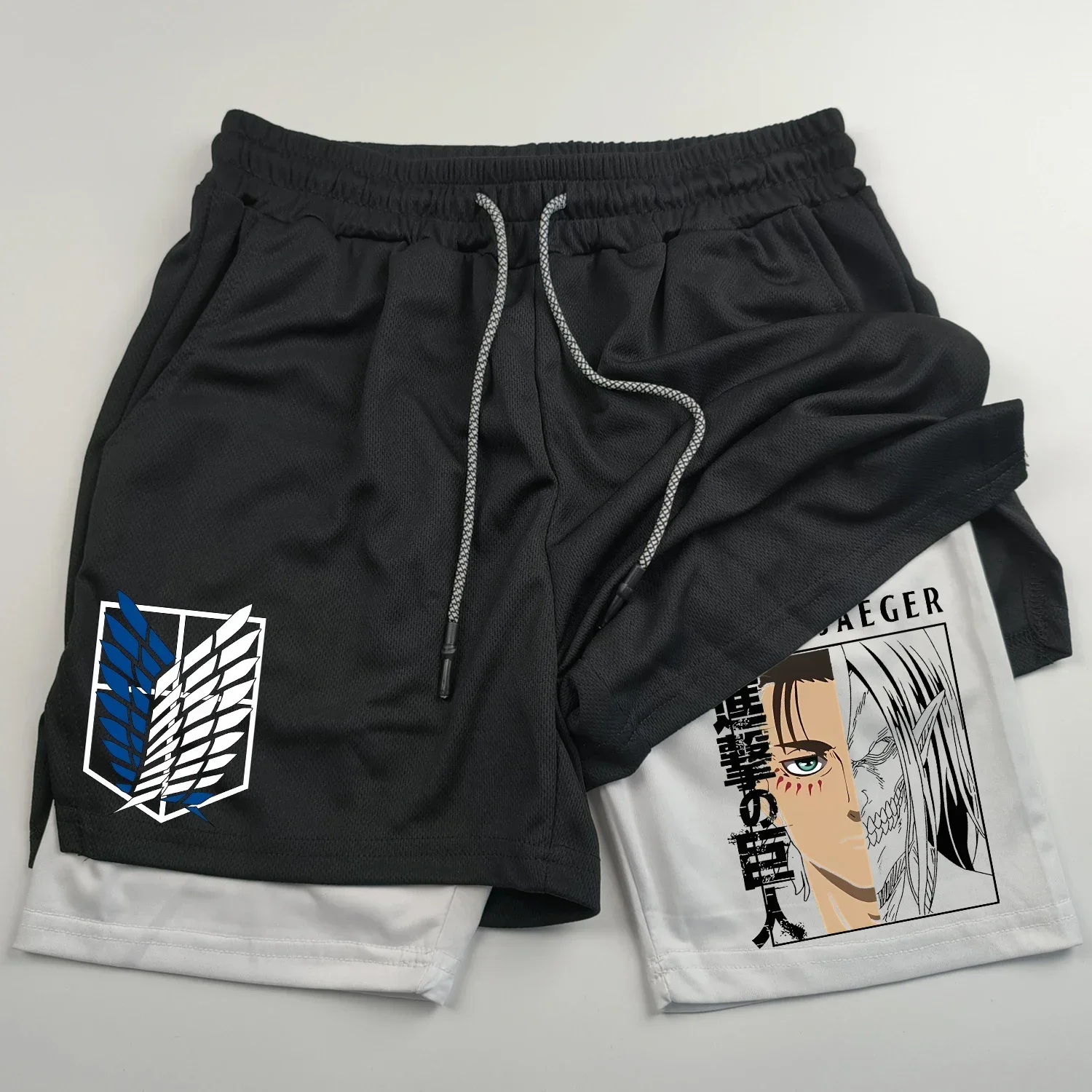 2-in-1 Sports Shorts Anime Attack on Titan Men's Shorts Quick Drying Breathable Sports Fitness Outdoor Running Gym Short