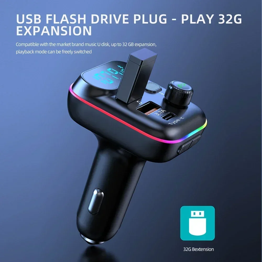 QC3.0 PD 25W Car Charger Fast USB Type C Car Bluetooth 5.0 FM Transmitter Colorful Handsfree Kit Mp3 Player Support TF Card