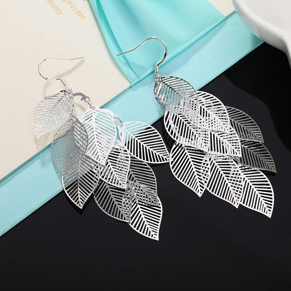 Ohrringe aus 925er-Sterlingsilber, Modeschmuck, für Damen, geschichtet, hohle Blätter, Quaste, lange Tropfenohrringe, Trendsetter, Weihnachtsgeschenke – Detail 7