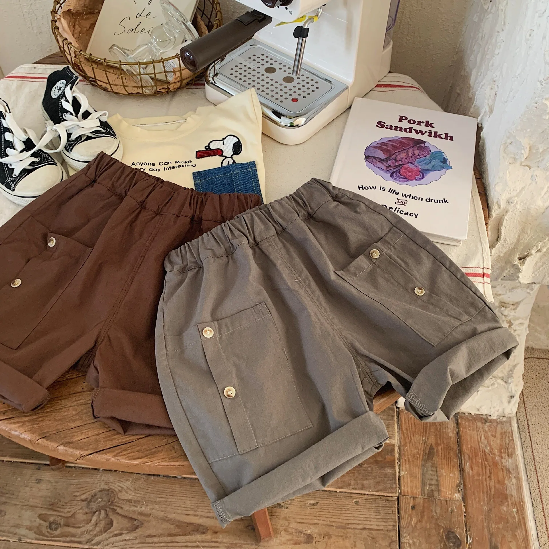 شورتات قطنية مغسولة على الطراز الياباني للأطفال ال...