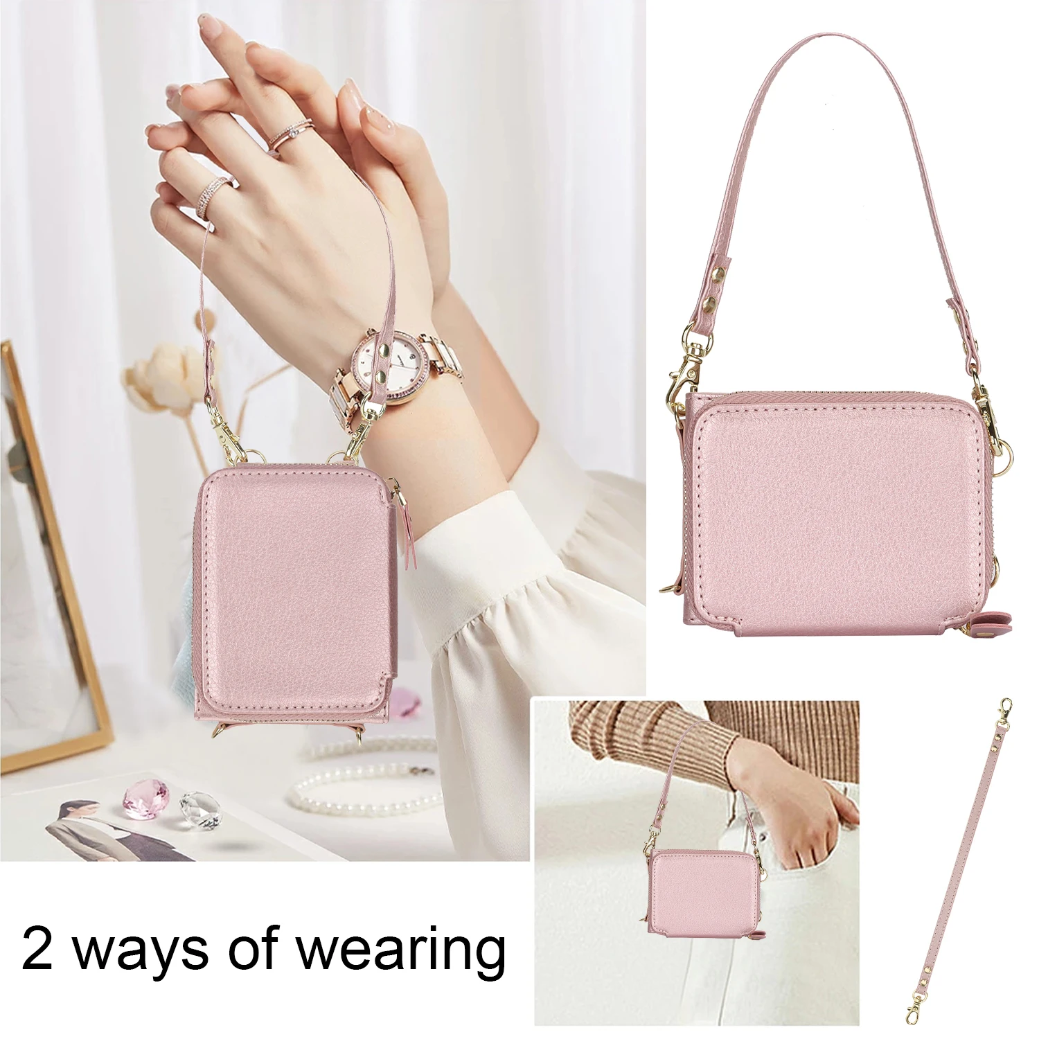 Crossbody Zipper Card Slot Leather Wallet Case with Long Lanyard and RFID Protection