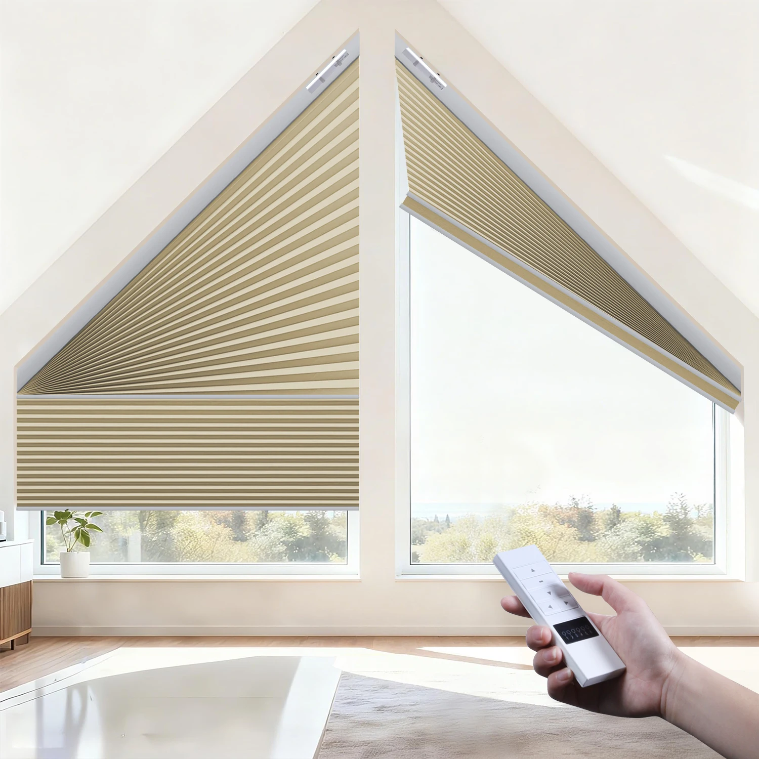 ม่านรังผึ้งอัจฉริยะแบบปรับมุมได้ ป้องกันแสงแบบกำหนดเองได้ พร้อมมอเตอร์ เหมาะสำหรับหน้าต่างรูปทรงสี่เหลี่ยมคางหมู/สามเหลี่ยม/หลายเหลี่ยม 1