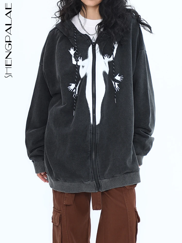 

SHENGPALAE Fashion Women Hoodies Shadow Printed Drawstring Zipper Long Sleeve Casual Loose Sweatshirt Autumn 2024 New Tide R4593