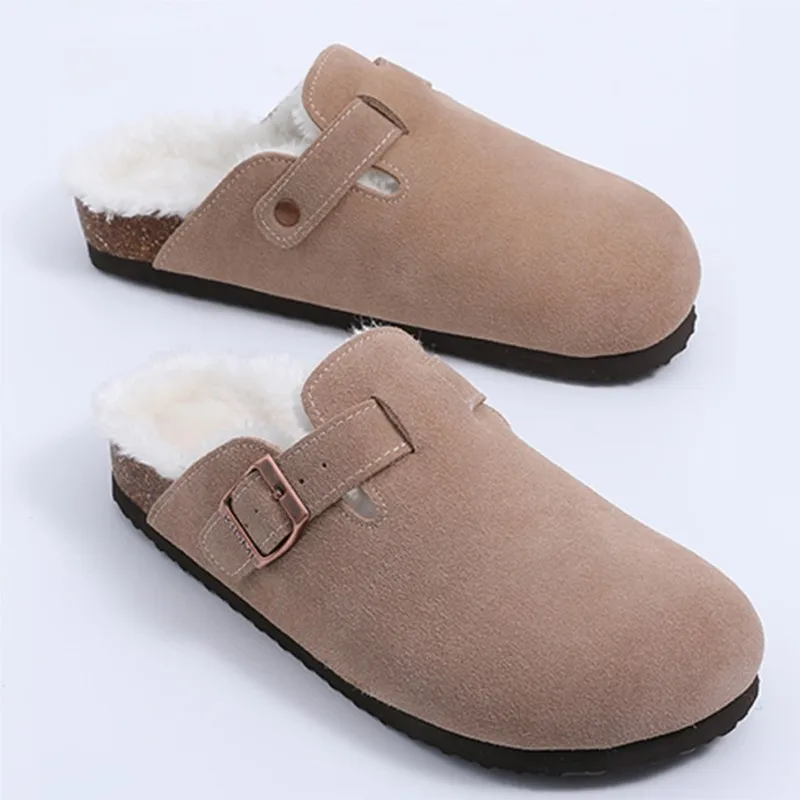 Bebealy Women's Fur Lined Clogs Fuzzy Cork Footbed Suede Mules Men Plush Slip On Potato Shoes Winter Warm Fluffy Clogs Slippers