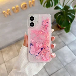 Purple Butterfly Luminous Quicksand Glitter Phone Case - Transparent Soft Cover with Floating Sequins - iPhone 15 (Pink)