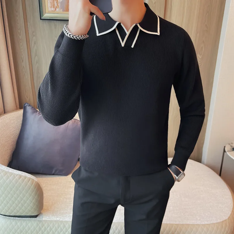 Men's Autumn And Winter Solid Color Shirt Middle-aged Polo Sweater