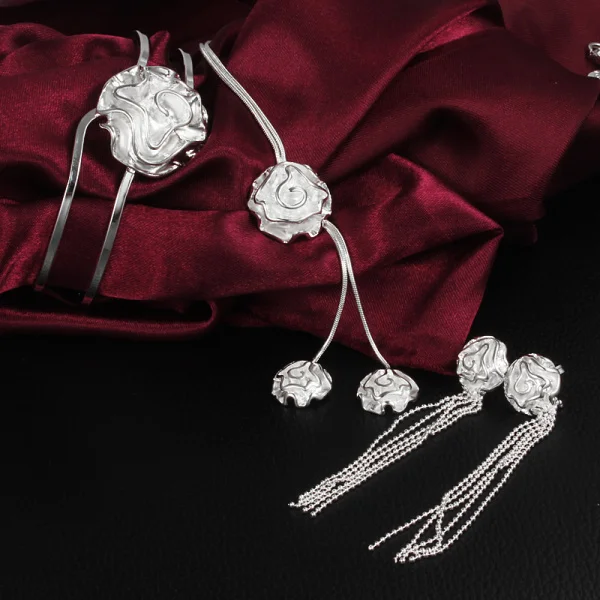

Fine 925 sterling silver Jewelry set rose flower bangle rings Bracelets necklaces earring stud for women wedding gift