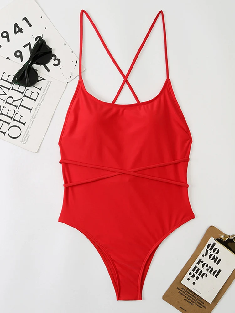 One Piece Swimsuit Women Swimwear 2022 New Solid Backless Lace Up