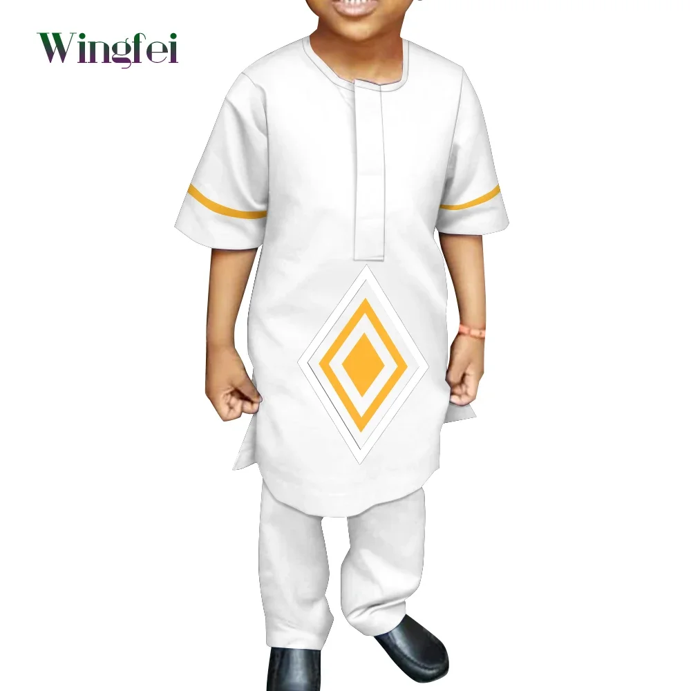 Bazin Riche Summer African Boy Clothes 2 Piece Sets Dashiki Shirt Set Nigerian Robe Suits Traditional Clothes Boy Attire WYT692 african style clothes for men bazin riche dashiki men s suits nigeria agbada dubai robe casual loose summer attire wyn1323