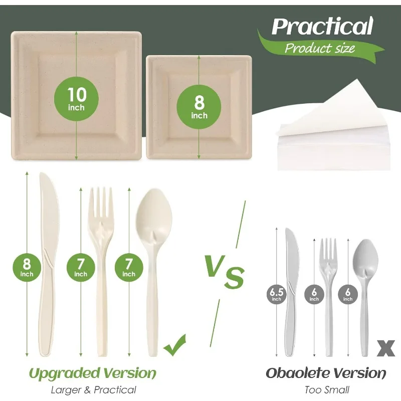 Compostable Party Paper Plates Set -[300 Pcs] 10 inch&8 inch Square Brown Paper Plates Heavy Duty, Utensils and Napkins-Eco