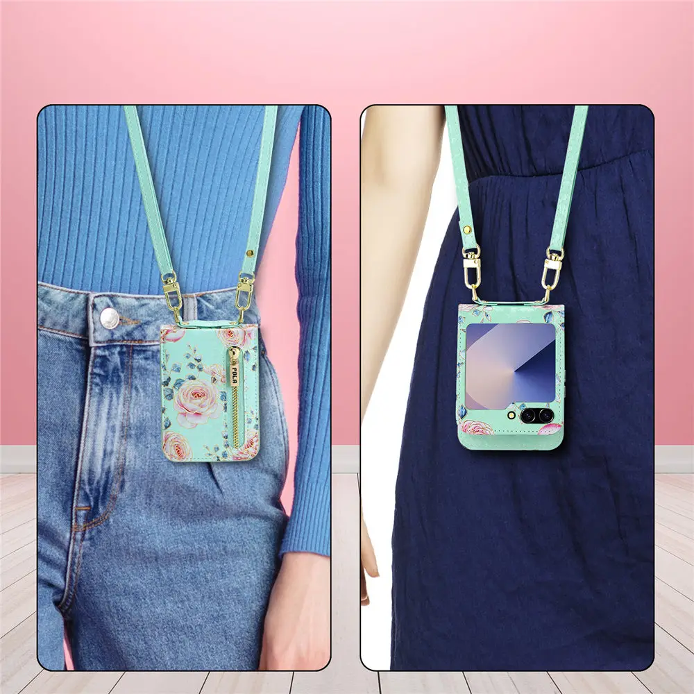 Floral Zipper Crossbody Wallet with Card Slots and Leather Lanyard Strap