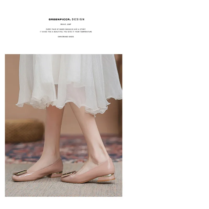 French Style Women's Flat Shoes Leather Square Toe Low Block Heel_voghion.com
