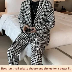 Autumn Men's Single-breasted Suit Set Youth Slightly Wide Korean Style Plaid Trousers Suit 2-piece Set Casual Scene