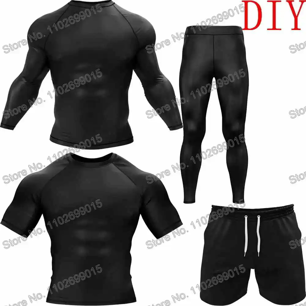 Rash Guard DIY Black Diving T-Shirt Tights Rash Guard BJJ Boxing MMA Swimwear Men Summer Surf Clothing Women GYM Tops Shorts Sportswear