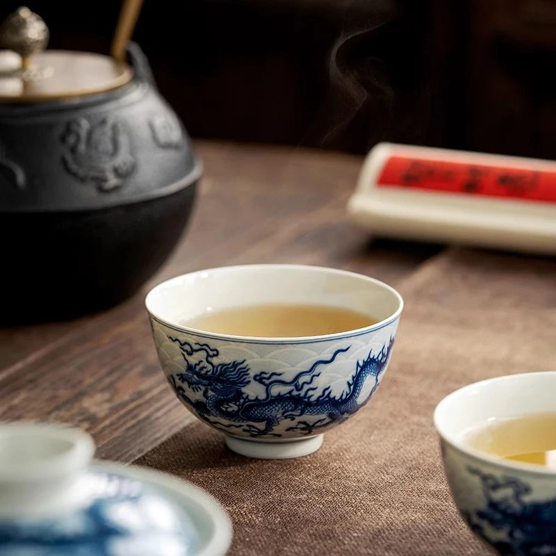 Drachen-Teetasse 150ml Handbemaltes Unterglasur-Blau-Weiß-Porzellan Jingdezhen Gongfu-Tee Meistertasse Wohndekor Einweihungsgeschenk – Detail 8