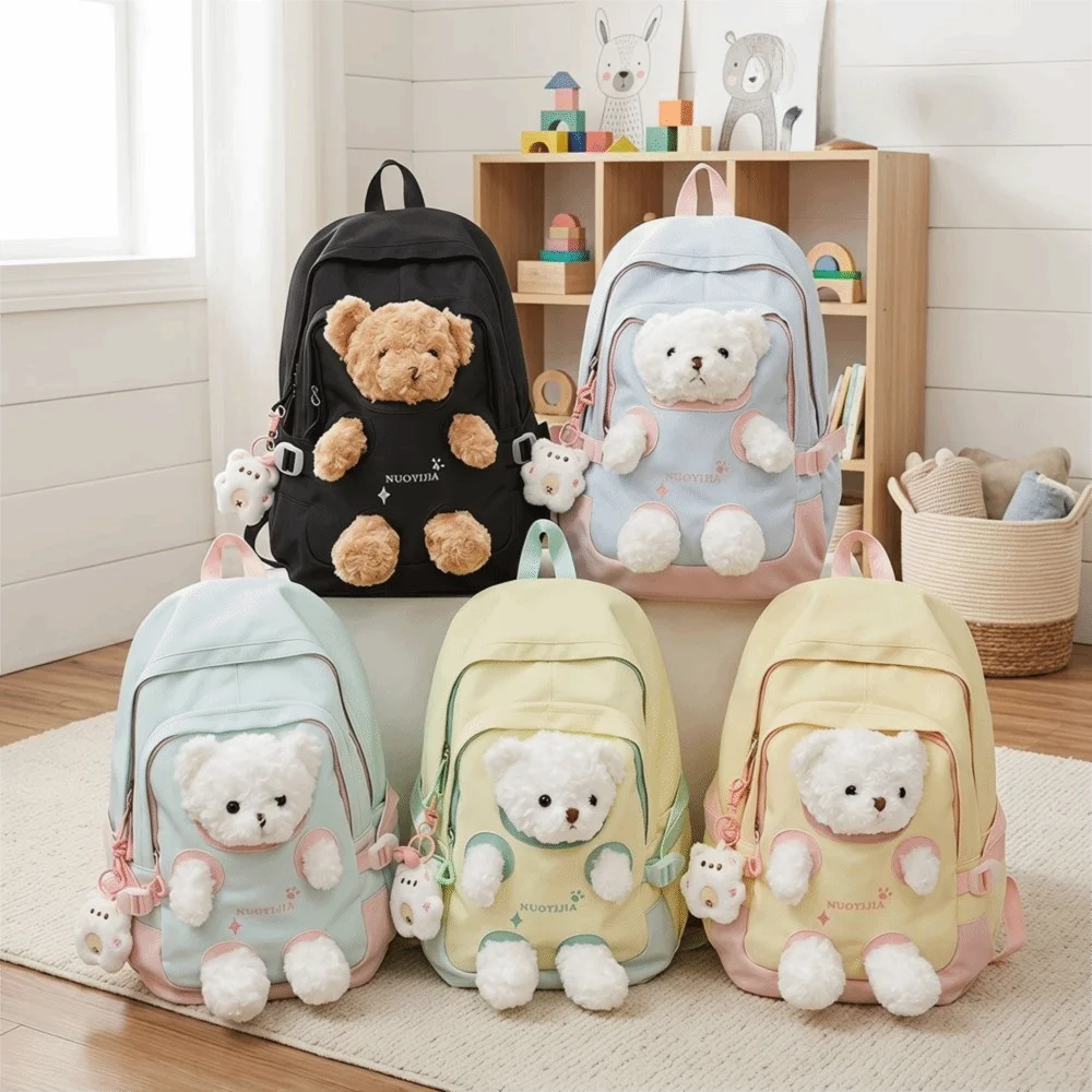Zaino alla Moda con Orsetto, Carino Zaino Scolastico a Cartone Animato, Grande Capacità, Leggero, per Uso Esterno