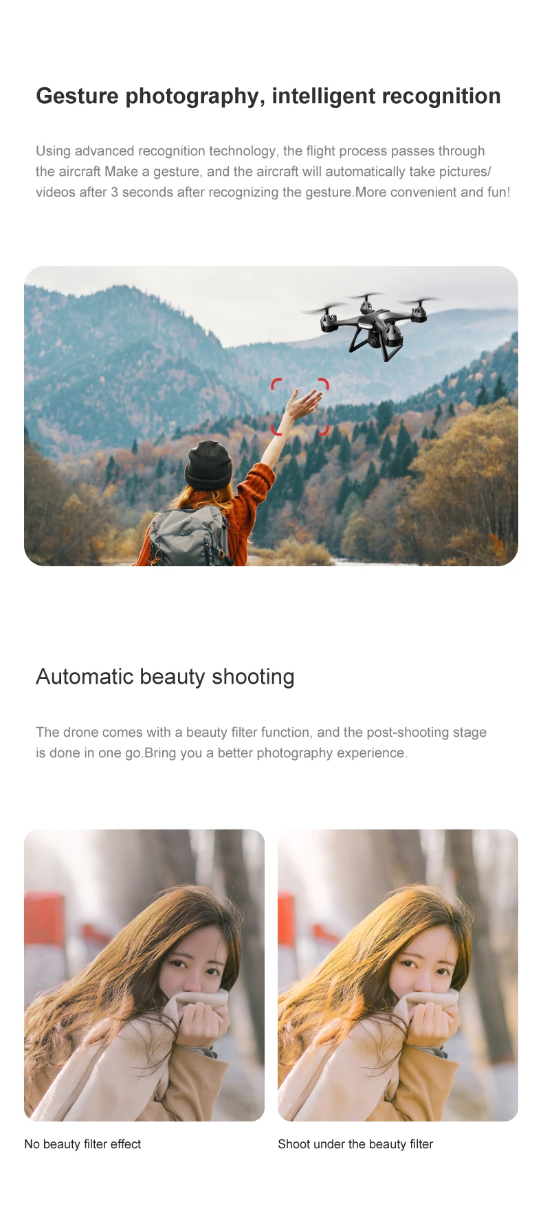 KBDFA JC801 Drone, the funl automatic beauty shooting drone comes with a beauty filter function