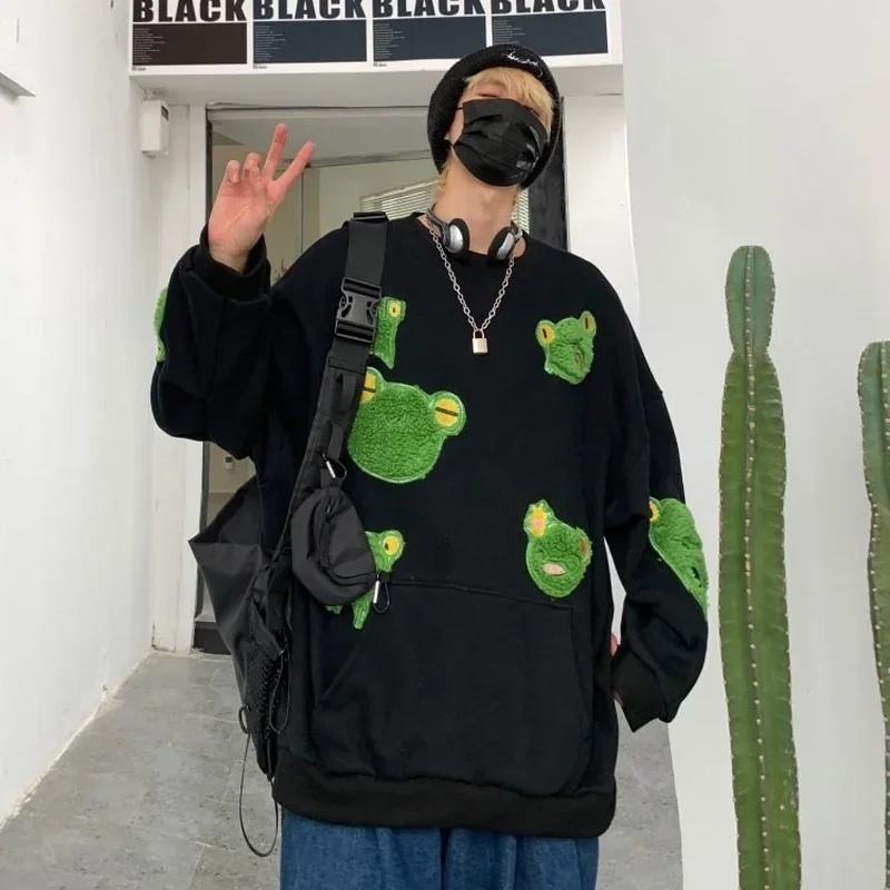 Pullover Sweater with Frog Embroidery Scarf for Men and Women Couples Harajuku Japanese Streetwear Men's Sweaters Couple Wear