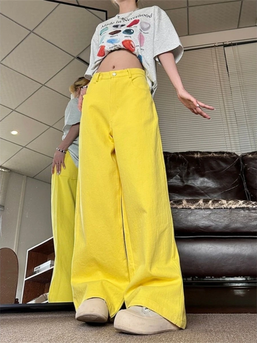 High Waist Chic Simplicity Versatile Wide Leg Baggy Jeans For Women Casual Streetwear Yellow Female Y2k Pants Denim Trousers