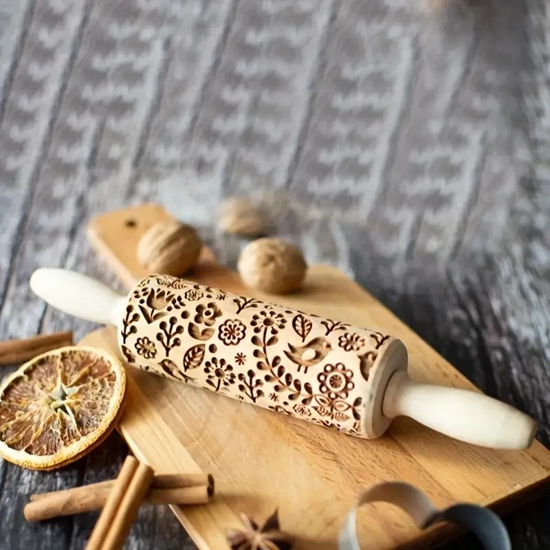 Description Picture 3 of itemFlower Print Christmas Rolling Pin Bird Print Pattern Rolling Pin Wooden Thanksgiving Pastry Tools Deep Engraving Cookies Tool