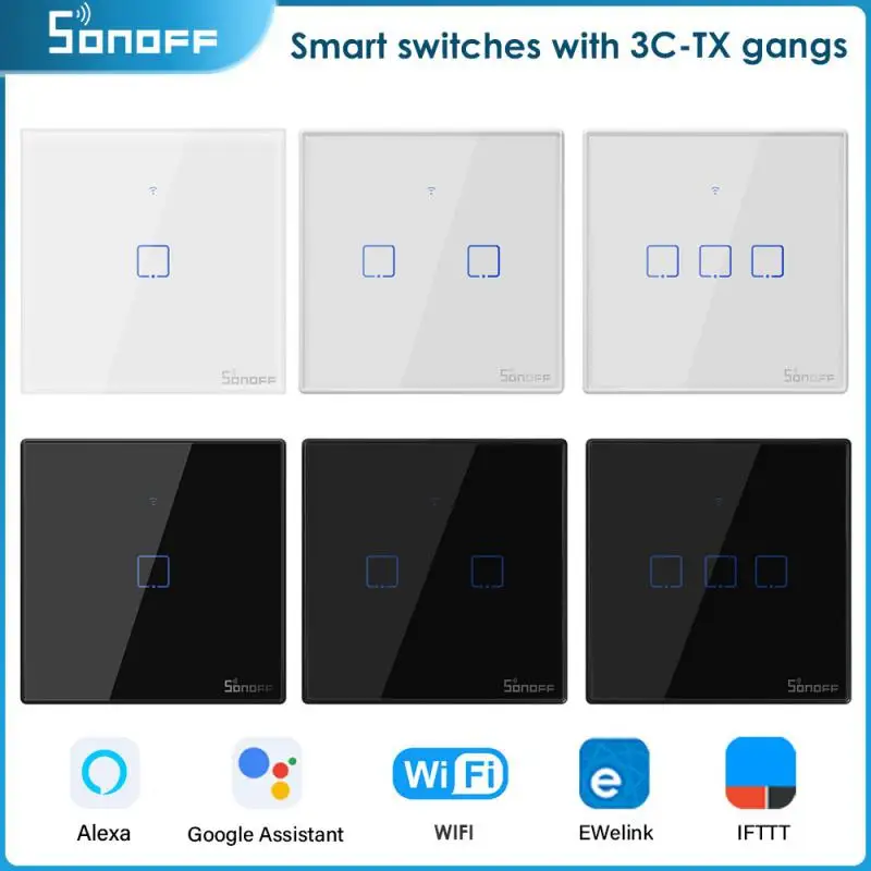 

SONOFF T1/T2/T3/T0 TX EU/UK/US 1/2/3 Gang WiFi Smart Wall Touch Switch Smart Home Control Via Ewelink APP/RF433/Voice/Touch
