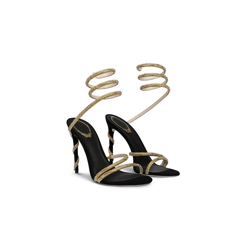 

Snake Wrap Sandals Women Summer Fashion 2023 New Black Internet Celebrity Sexy Rhinestone Stiletto High Heels