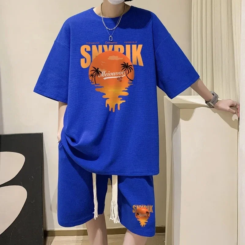 thumbnail image 1 of Nuevo conjunto de verano para hombre con diseño de gofres, camiseta de manga corta y pantalones cortos, conjunto de 2 piezas, ropa deportiva, chándal de moda, conjunto para correr, 1 of 5
