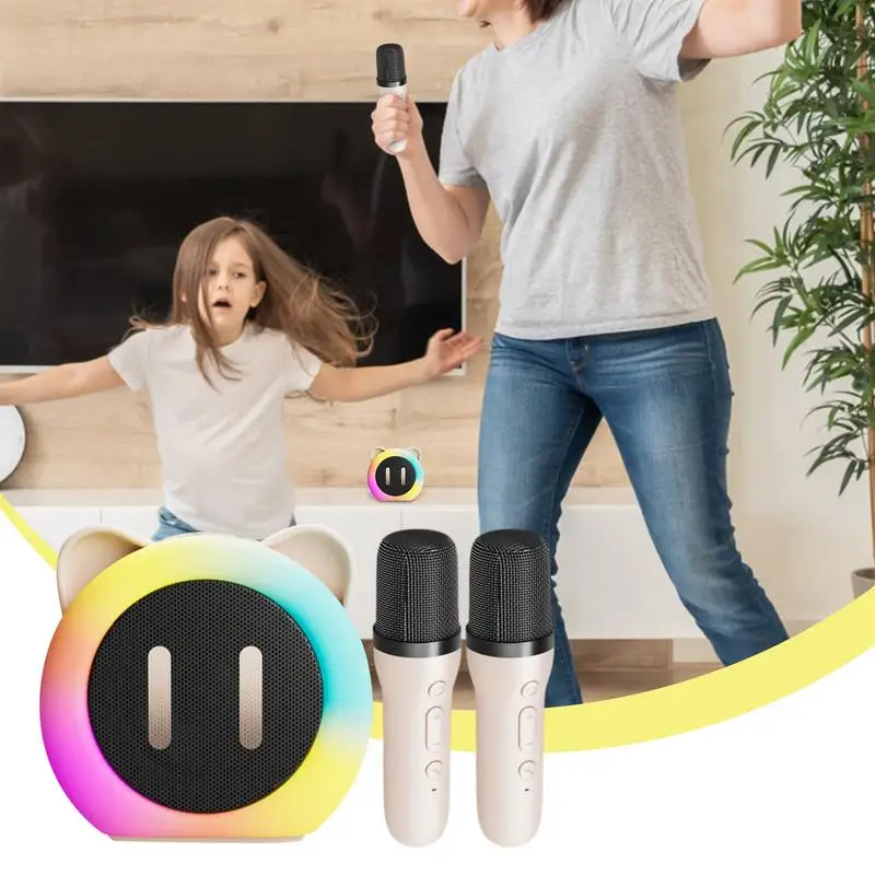 Wireless Karaoke Machine Portable Karaoke Speaker With Cute Ears RGB Lighting Wireless Speaker Microphone Set 2 Mics