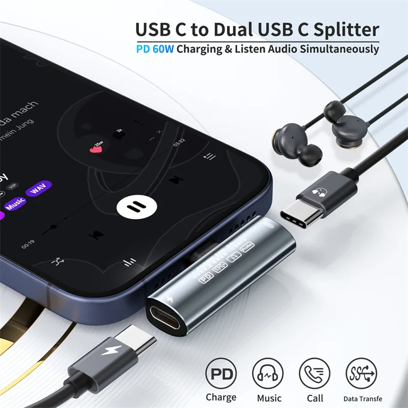 2in1 USB C Charge Audio Splitter Adapter Type C to Dual Type Converter Cable PD 60W USB3.2 10GBps for Huawei Samsung Xiaomi