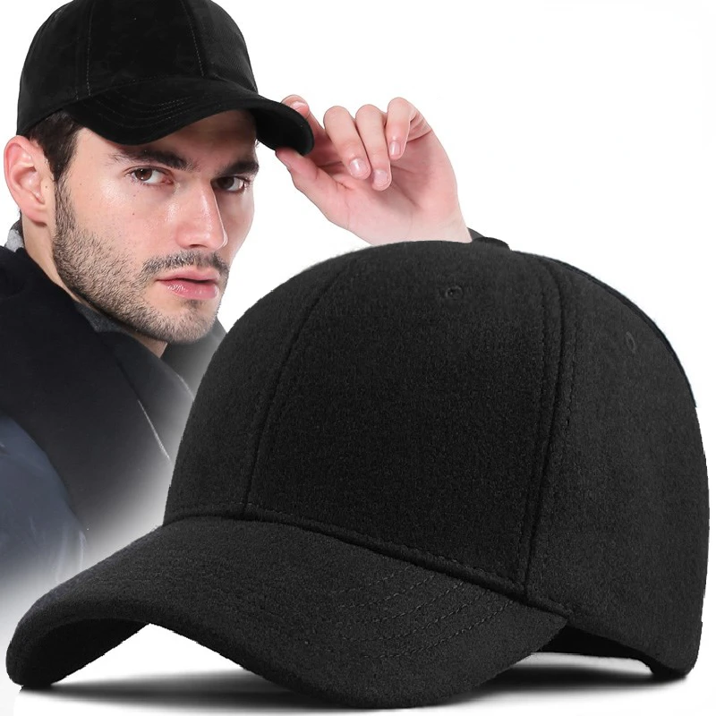 2-pack Winter Hat Big Head Size Baseball Cap for Men Thick Wool Fitted Closure Trucker Hat Keep Warm Windproof Solid Color 3