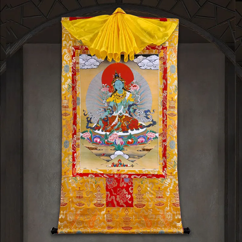 

Wholesale Buddhist supplies 120CM LARGE Greco-Buddhist Buddhism HOME ART Green Tara Buddha Thang-ga Thangka hang painting