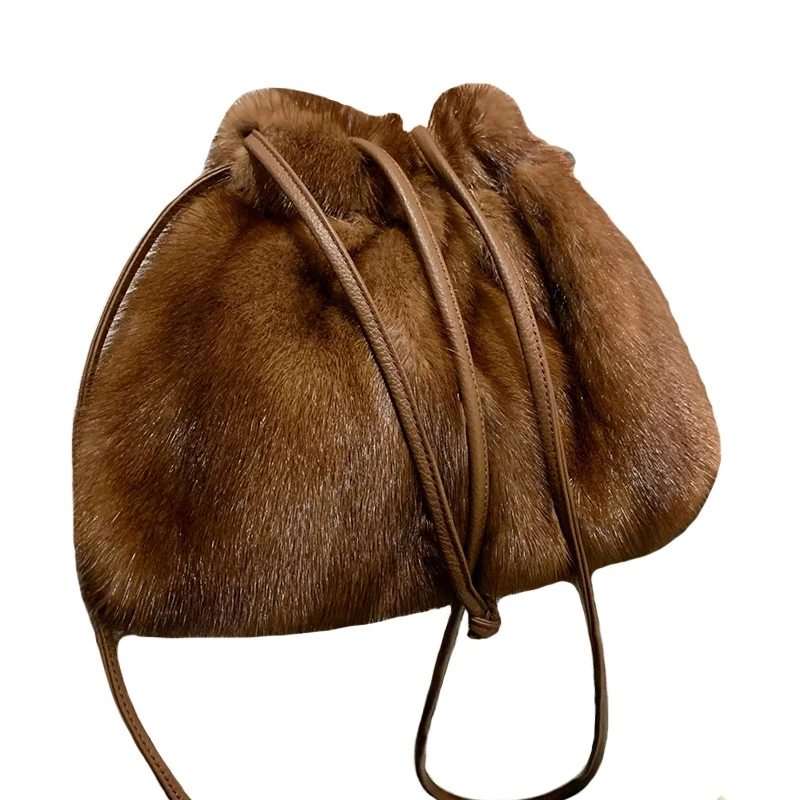 Women's Winter Drawstring Closed Fur Bag Luxury Mink Fur Large Capacity Handbag Women's Stylish Elegant Fur Shoulder Bag