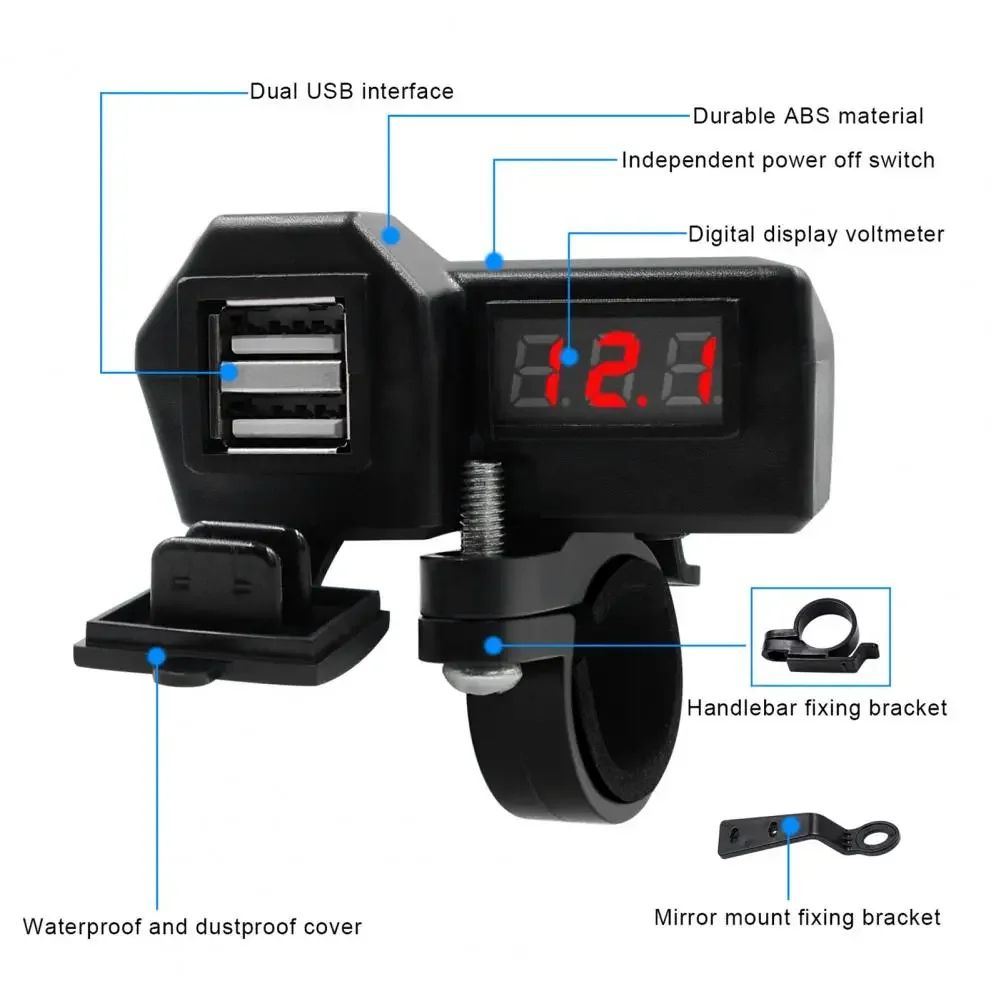 10-24V 3.1A Dual USB Port Motorcycle Charger with Voltmeter Waterproof Fast-Charging Cable for 12V/24V Bikes, ATV, Boats