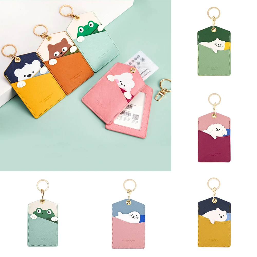 High Quality Credit Card ID Badge Holder Cute Cartoon Leather Bear Pass Case Cover Card Case Key Holder Ring Luggage Tag Trinket