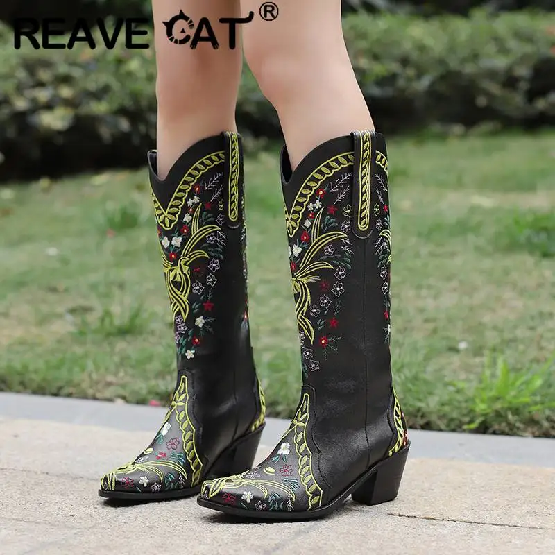 

REAVE CAT Western Women Boots Square Toe Block Heels 6cm Slip On Embroider Knee High Booties Fashion Large Size 44 45 46 47 48