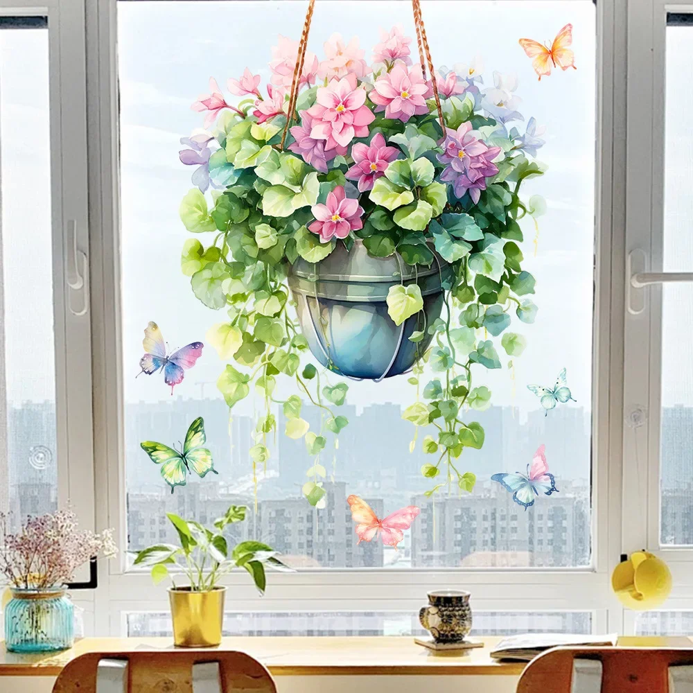 40x60cm Fresh Window Flower Basket Decals Static Cling Glass Films for Room Decor Home Decoration Stickers